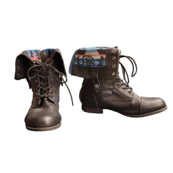 Herstyle Black Southwestern Contrast High or Low Combat Boots - Picture 1 of 10